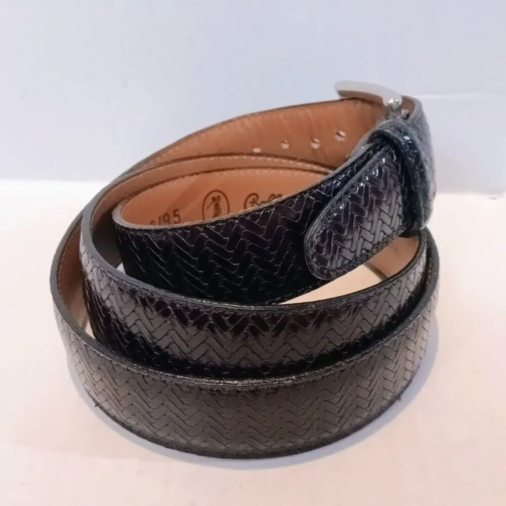 Bobby Jones Embossed Leather Belt-Size 38-Black-Herringbone-Brass Buckle